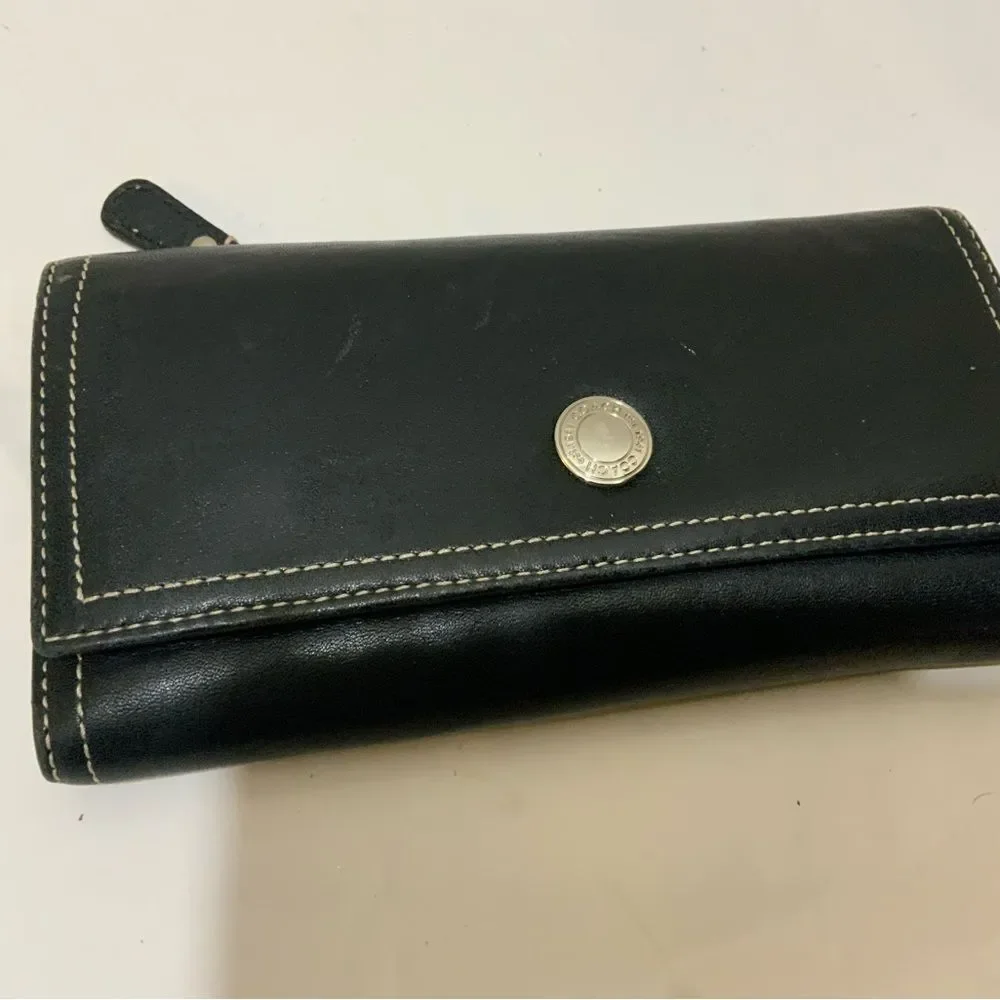 COACH Black Leather Trifold Wallet Clutch Button Snap 4”x8”